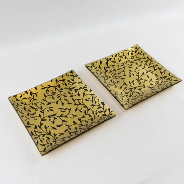 Set of 2 Black Gold Decorative Glass Square Centerpiece Dishes