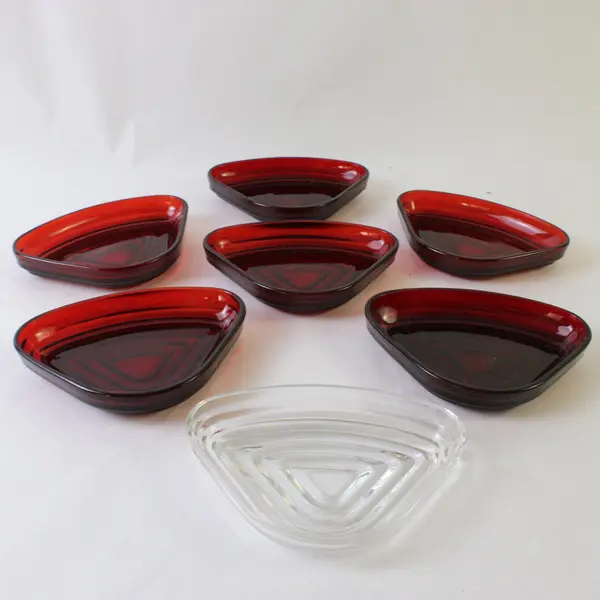 Lot of 7 Anchor Hocking Relish Dishes 6 Ruby Red 1 Clear Manhattan