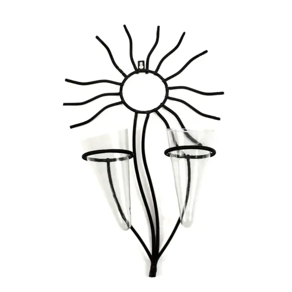 Black Metal Sun Wall Decor w/ 2 Glass Cone Vases
