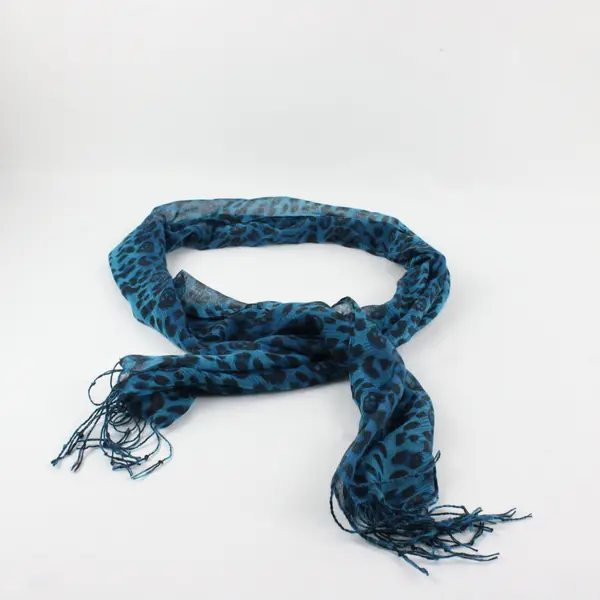 Blue and Black Leopard Print with Skulls and Tassels Sheer Neck Wrap Scarf 