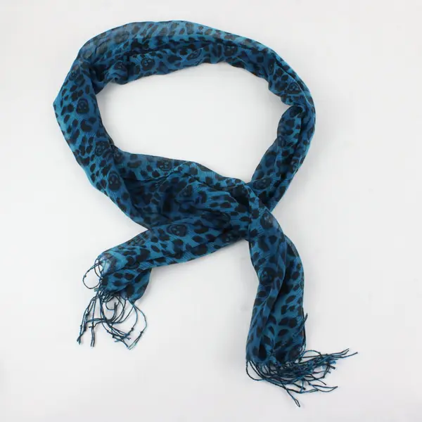 Blue and Black Leopard Print with Skulls and Tassels Sheer Neck Wrap Scarf 