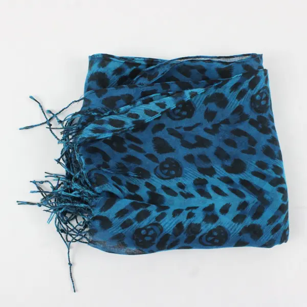 Blue and Black Leopard Print with Skulls and Tassels Sheer Neck Wrap Scarf 