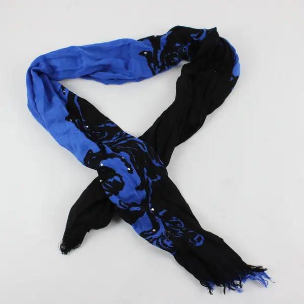 Blue and Black Neck Wrap Scarf Distressed Ends and Rhinestones