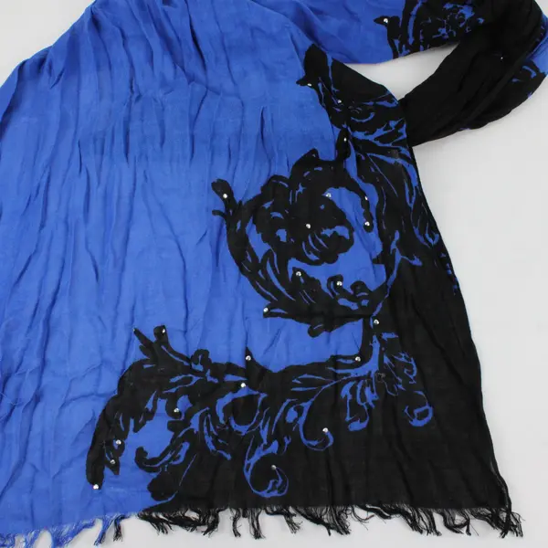 Blue and Black Neck Wrap Scarf Distressed Ends and Rhinestones