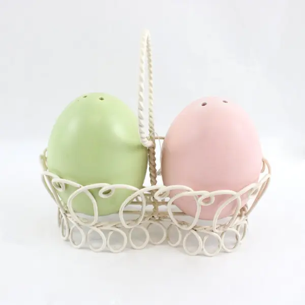Spring Summer Egg Salt Pepper Shaker Set Wire Basket Pink Green Pastels