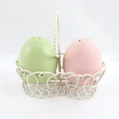 Spring Summer Egg Salt Pepper Shaker Set Wire Basket Pink Green Pastels