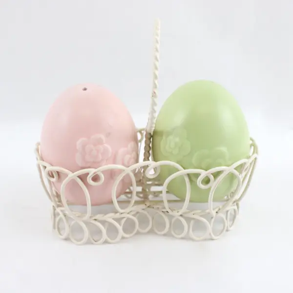 Spring Summer Egg Salt Pepper Shaker Set Wire Basket Pink Green Pastels
