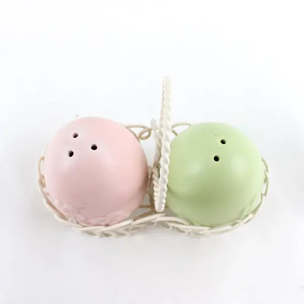 Spring Summer Egg Salt Pepper Shaker Set Wire Basket Pink Green Pastels