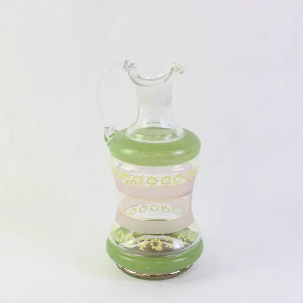 Bohemian Clear Glass Wine Decanter Green Pink Bands Yellow Floral Accents