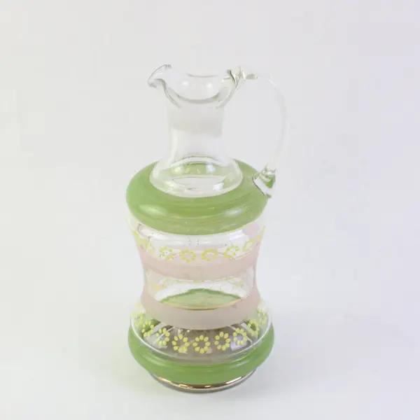 Bohemian Clear Glass Wine Decanter Green Pink Bands Yellow Floral Accents