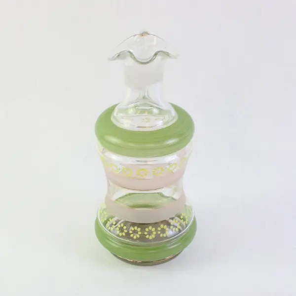 Bohemian Clear Glass Wine Decanter Green Pink Bands Yellow Floral Accents