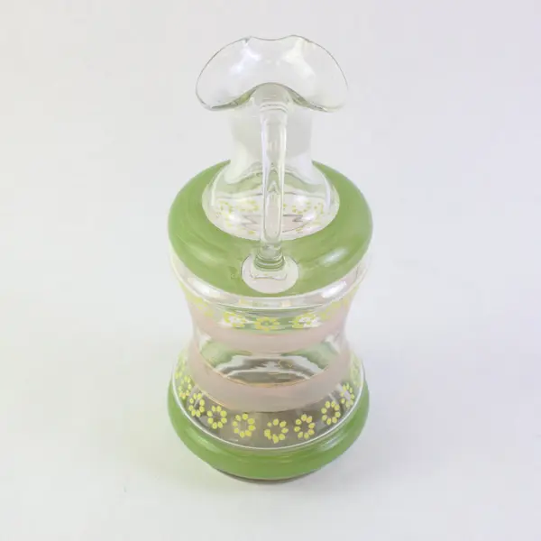 Bohemian Clear Glass Wine Decanter Green Pink Bands Yellow Floral Accents