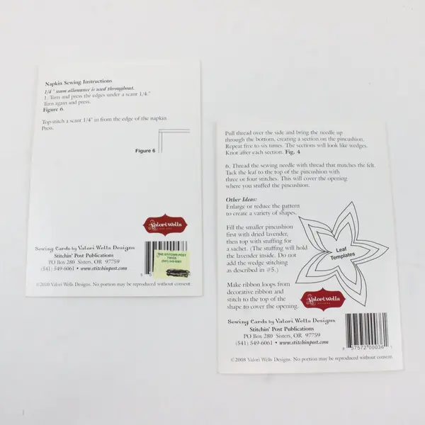 Lot of 2 Valori Wells Sewing Cards: Pin Cushions 2008 & Placemat/Napkin 2010