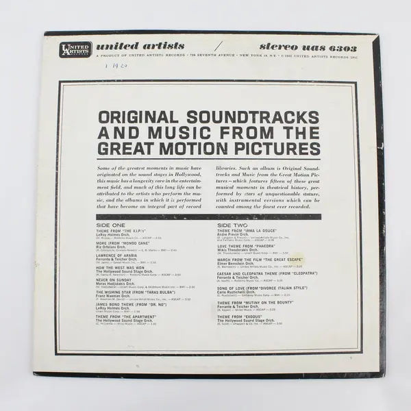 Original Soundtracks and Music From The Great Motion Pictures UAS 6303 LP