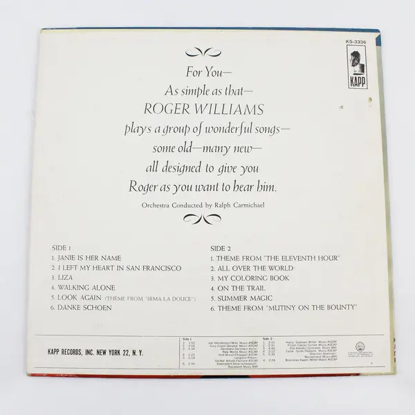 Roger Williams For You 12" Vinyl Record