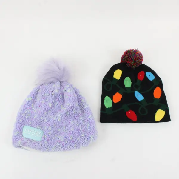 Lot 2 Justice Plush Sherpa Beanie Faux Fur Pom Black Holiday Lights Knit Beanie