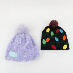 Lot 2 Justice Plush Sherpa Beanie Faux Fur Pom Black Holiday Lights Knit Beanie