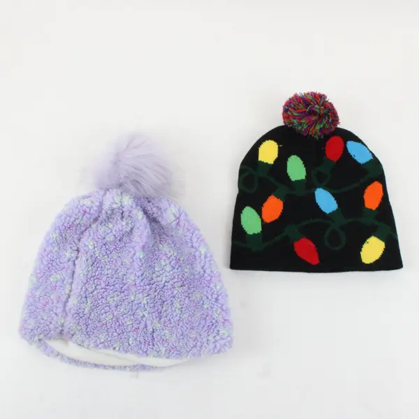 Lot 2 Justice Plush Sherpa Beanie Faux Fur Pom Black Holiday Lights Knit Beanie