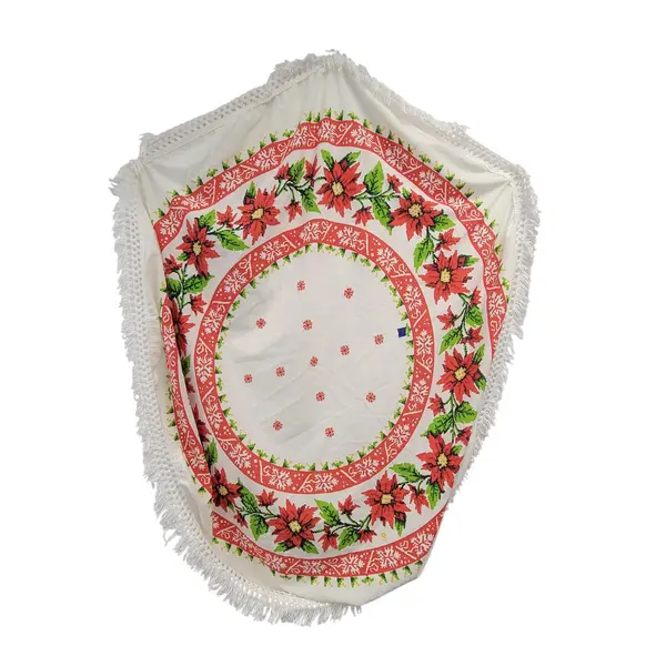 Vintage Christmas Poinsettia Round Fringe Tablecloth 60in FLAWED