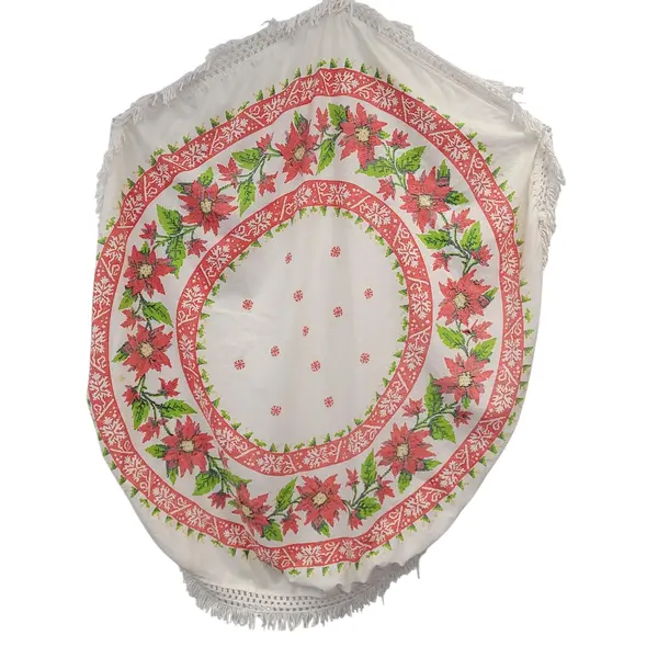 Vintage Christmas Poinsettia Round Fringe Tablecloth 60in FLAWED