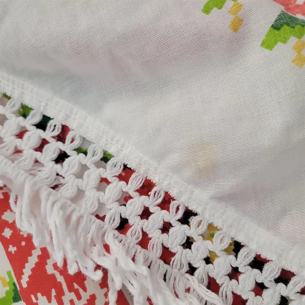 Vintage Christmas Poinsettia Round Fringe Tablecloth 60in FLAWED