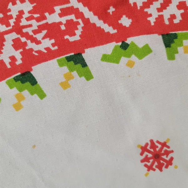 Vintage Christmas Poinsettia Round Fringe Tablecloth 60in FLAWED