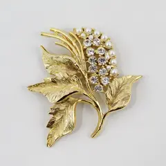 Gerry's Gold Tone Floral Leaf Rhinestone Pearl Brooch Pin
