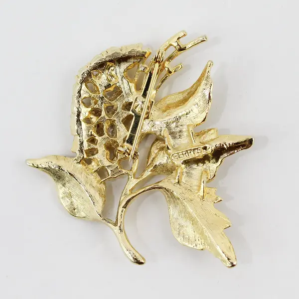 Gerry's Gold Tone Floral Leaf Rhinestone Pearl Brooch Pin