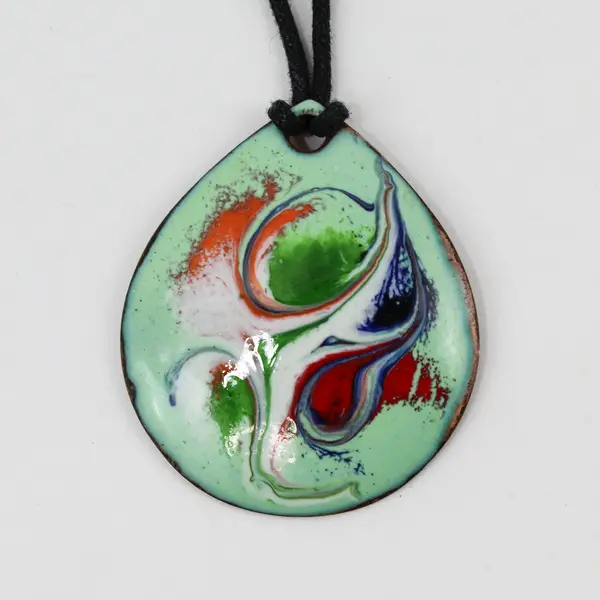 Meab Ireland Signed Abstract Enamel Swirl Copper Teardrop Pendant Necklace 12"