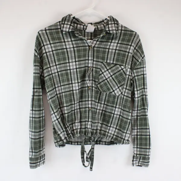 No Boundaries Girl's Youth Green Flannel Button-Up Long-Sleeve Top, Size M (7-9)