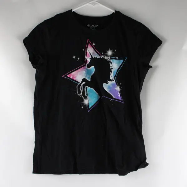 Place Girls' Cotton Unicorn Shirt Black XXL 16 Short Sleeve