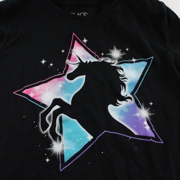 Place Girls' Cotton Unicorn Shirt Black XXL 16 Short Sleeve