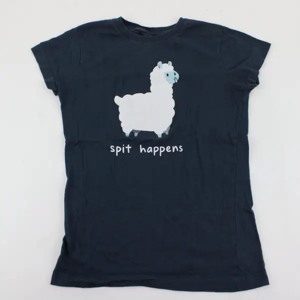 Women's Dark Blue "spit happens" Llama Pun Graphic T-Shirt 100% Cotton Size M 