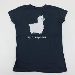 Women's Dark Blue "spit happens" Llama Pun Graphic T-Shirt 100% Cotton Size M 