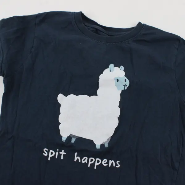 Women's Dark Blue "spit happens" Llama Pun Graphic T-Shirt 100% Cotton Size M 