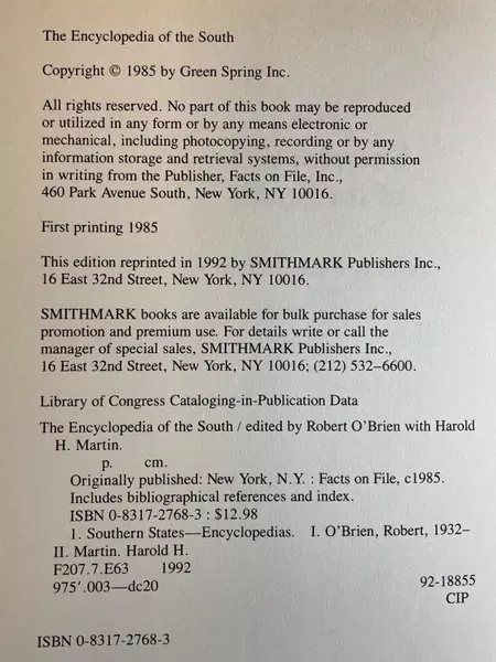 Vintage The Encyclopedia of The South by Robert O'Brien 1985 HC Book