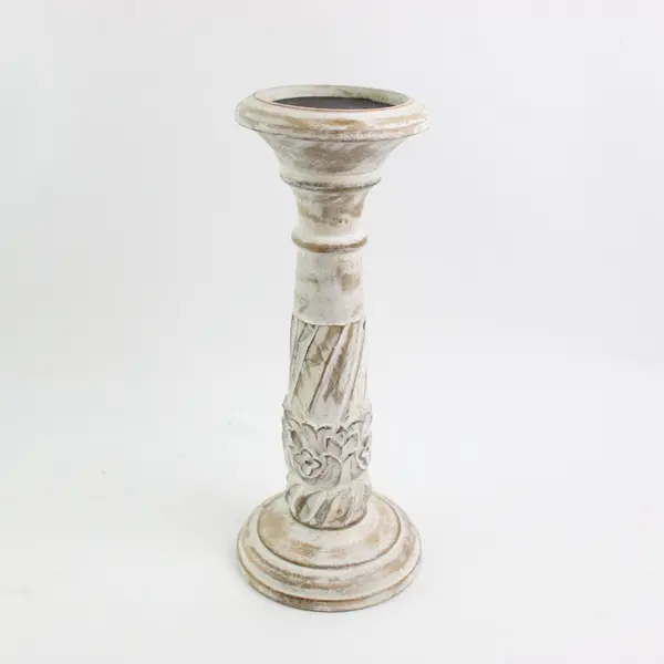 Rustic Whitewashed Carved Wooden Pillar Candle Holder 12in