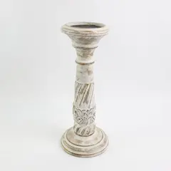Rustic Whitewashed Carved Wooden Pillar Candle Holder 12in