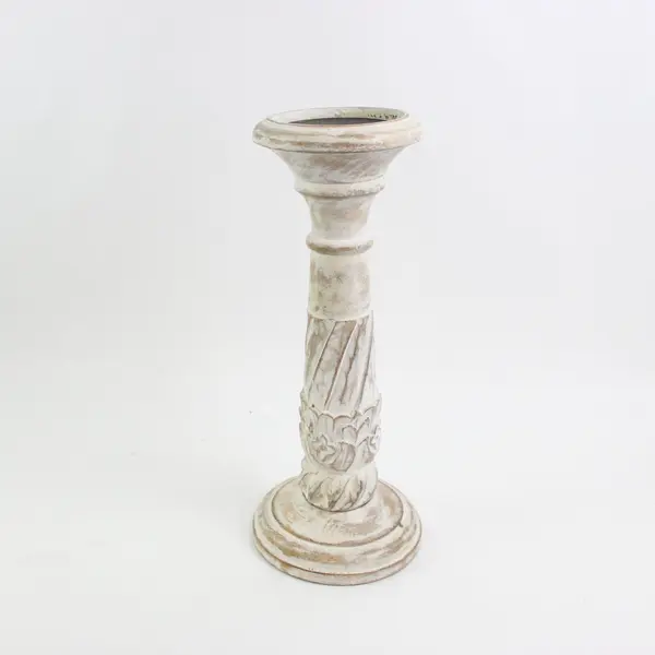 Rustic Whitewashed Carved Wooden Pillar Candle Holder 12in