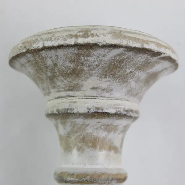 Rustic Whitewashed Carved Wooden Pillar Candle Holder 12in
