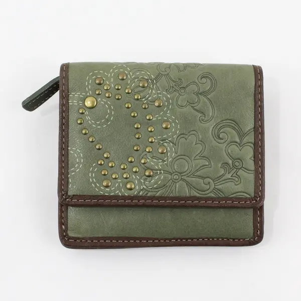 Fossil Women's Olive Floral Embossed Leather Compact Trifold Wallet