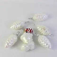 Lot of 7 White Frosted Pine Cone Ornaments Red Round Santa Boot Glass