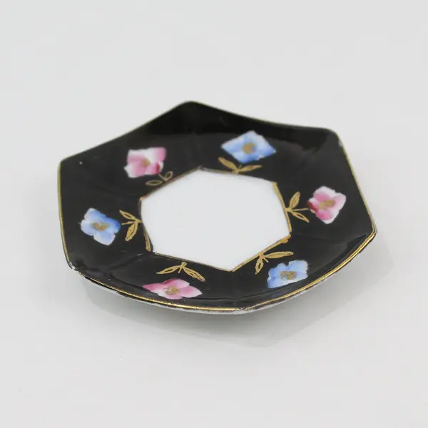 Vintage Hand Painted Black Floral Saucer Made in Japan Gold Trim 5in