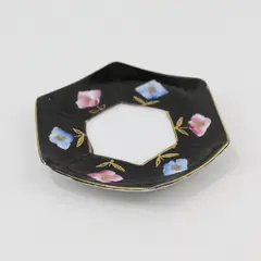 Vintage Hand Painted Black Floral Saucer Made in Japan Gold Trim 5in