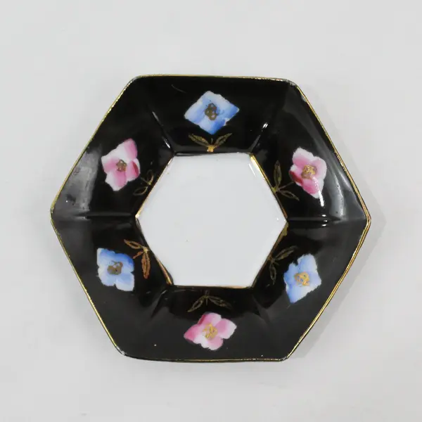 Vintage Hand Painted Black Floral Saucer Made in Japan Gold Trim 5in