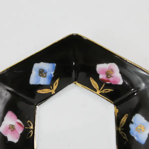 Vintage Hand Painted Black Floral Saucer Made in Japan Gold Trim 5in