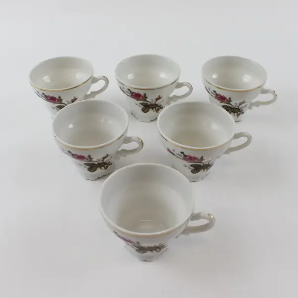 Set of 6 Vintage  Moss Rose Porcelain Fine China Tea Cups W/Gold Trim