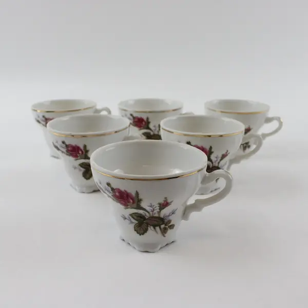 Set of 6 Vintage  Moss Rose Porcelain Fine China Tea Cups W/Gold Trim