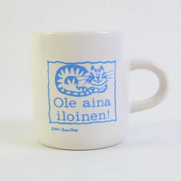 Small White Ceramic Mug Blue Smiling Cat Finnish Saying Always Be Happy