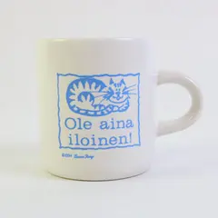 Small White Ceramic Mug Blue Smiling Cat Finnish Saying Always Be Happy